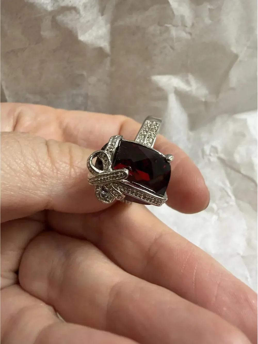 Vintage Style Silver Ring with Large Red Gemstone and Bow Accent 11.5